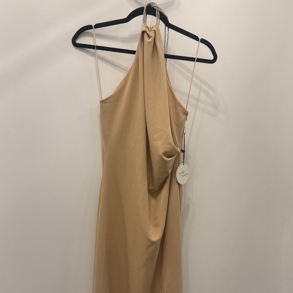 One-Shoulder Beige Draped Midi Dress